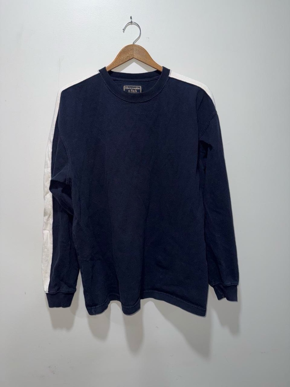 Abercrombie & Fitch Navy Long-Sleeve Crew with White Shoulder Stripe